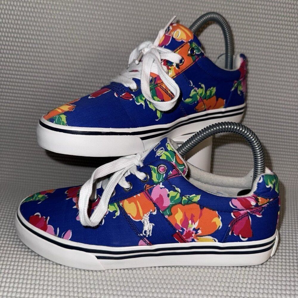 POLO Ralph Lauren Hawaiian Blue Tropical Lace Up Sneakers Shoes Youth Size 4.5